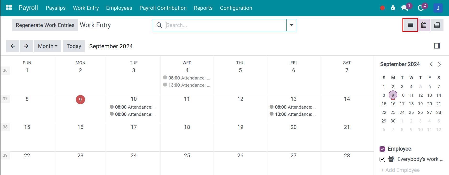 List view of conflict work entries