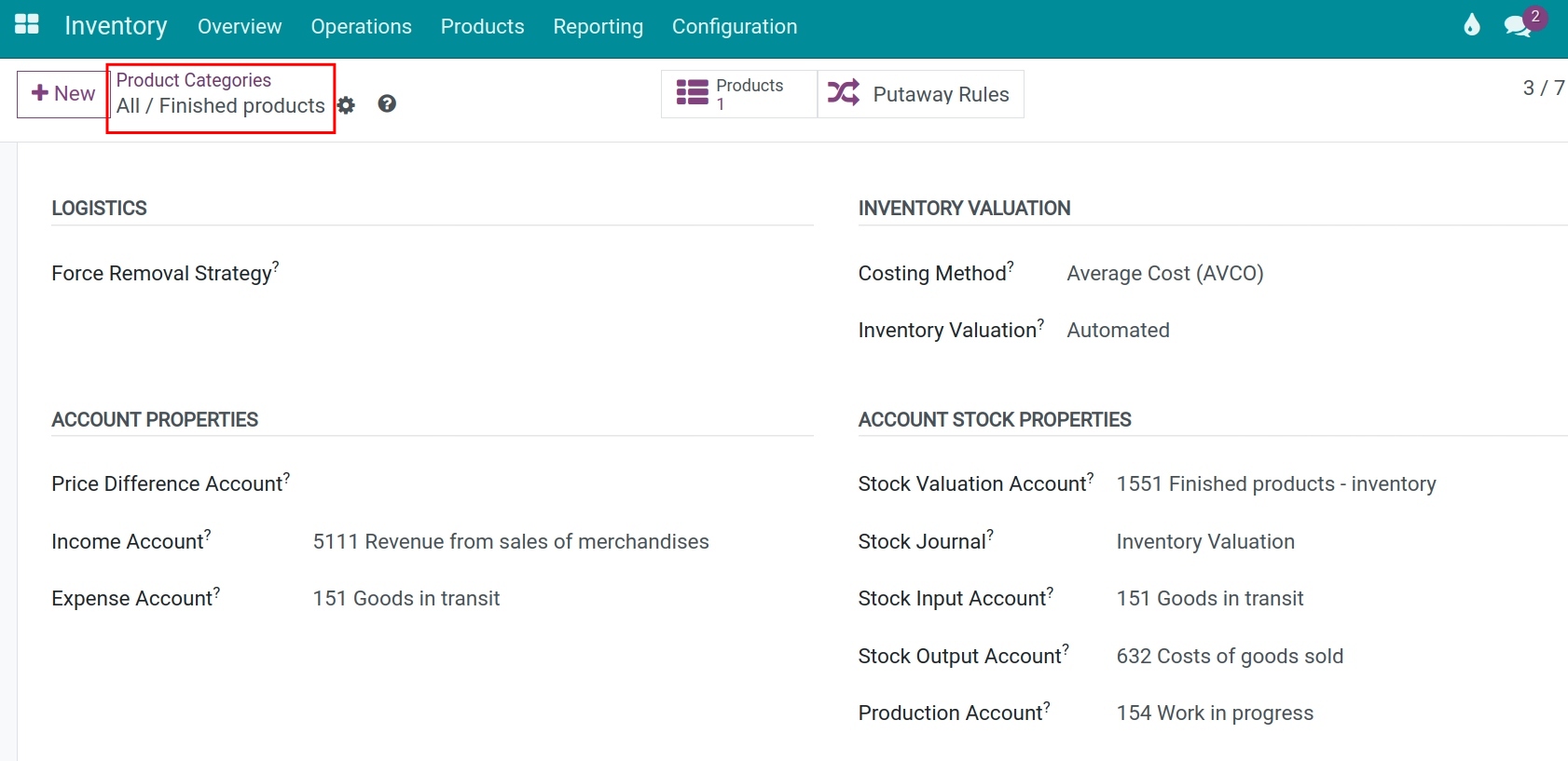 Configure the accounting account for the finished products category