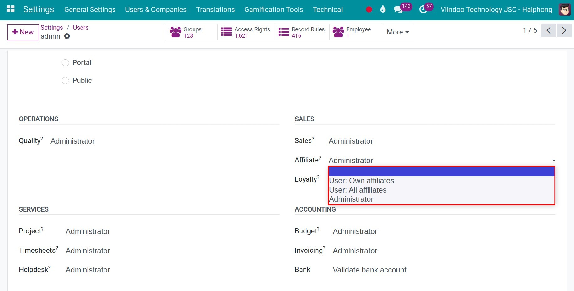 Access right User Affiliate Viindoo