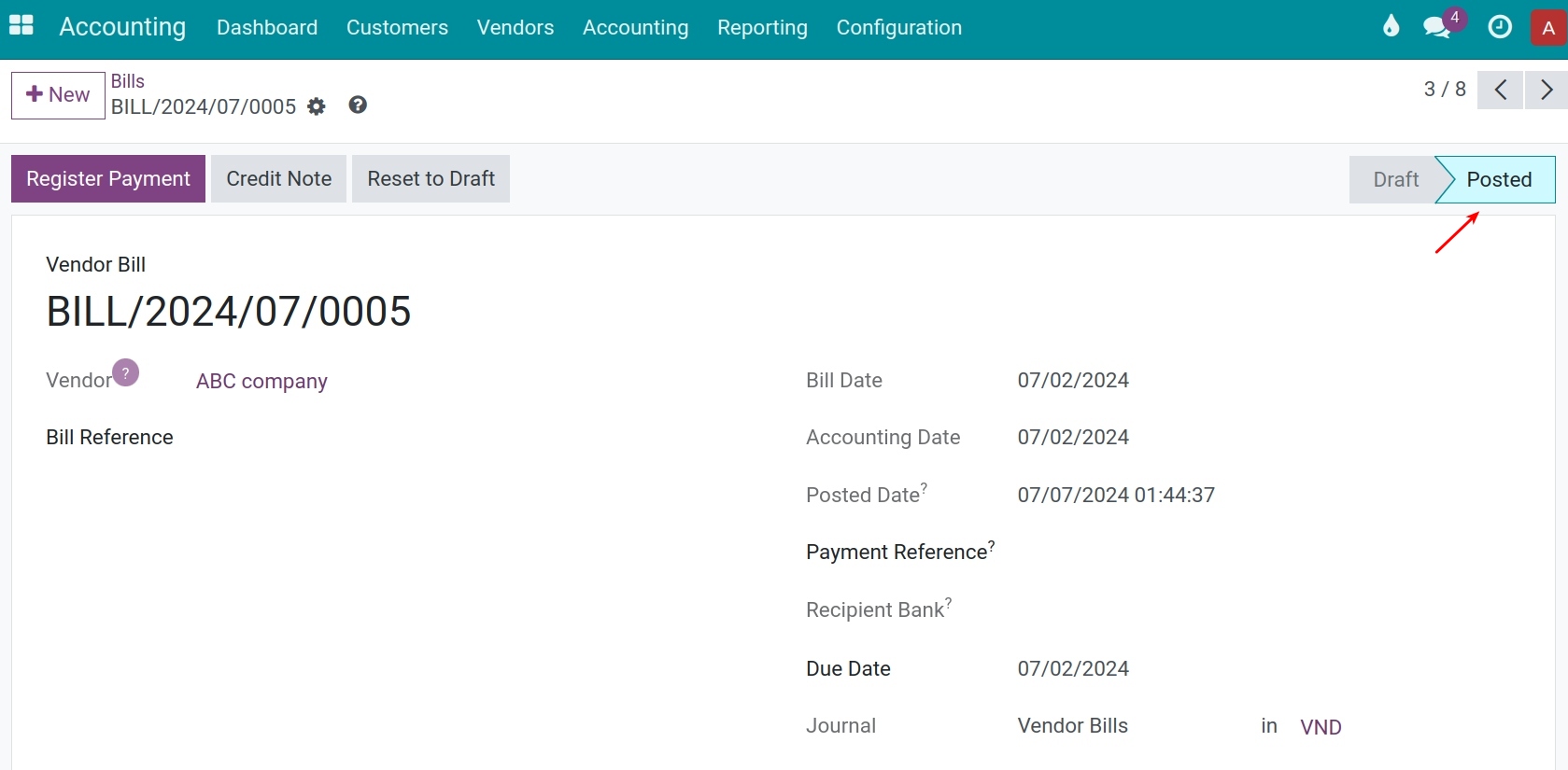 Confirm vendor bill - Viindoo accounting software
