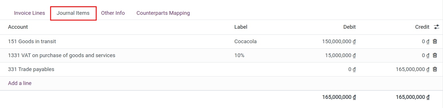 Journal items tab on Vendor bill - Viindoo accounting app