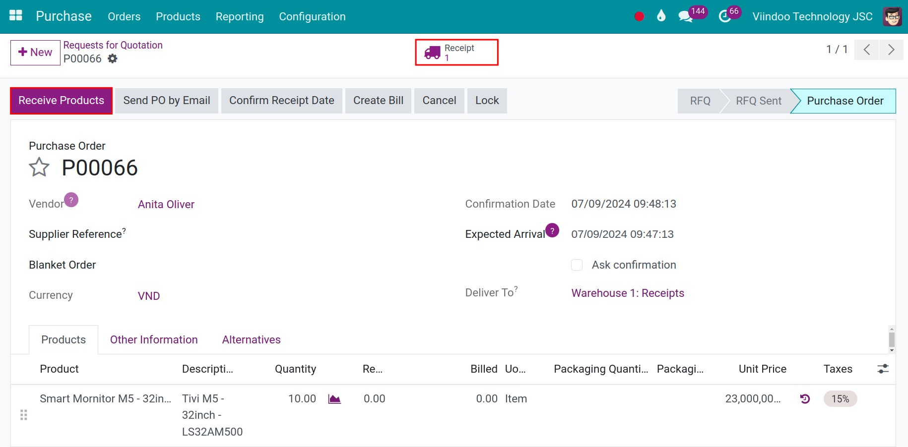 A transfer slip after the purchase order is confirmed