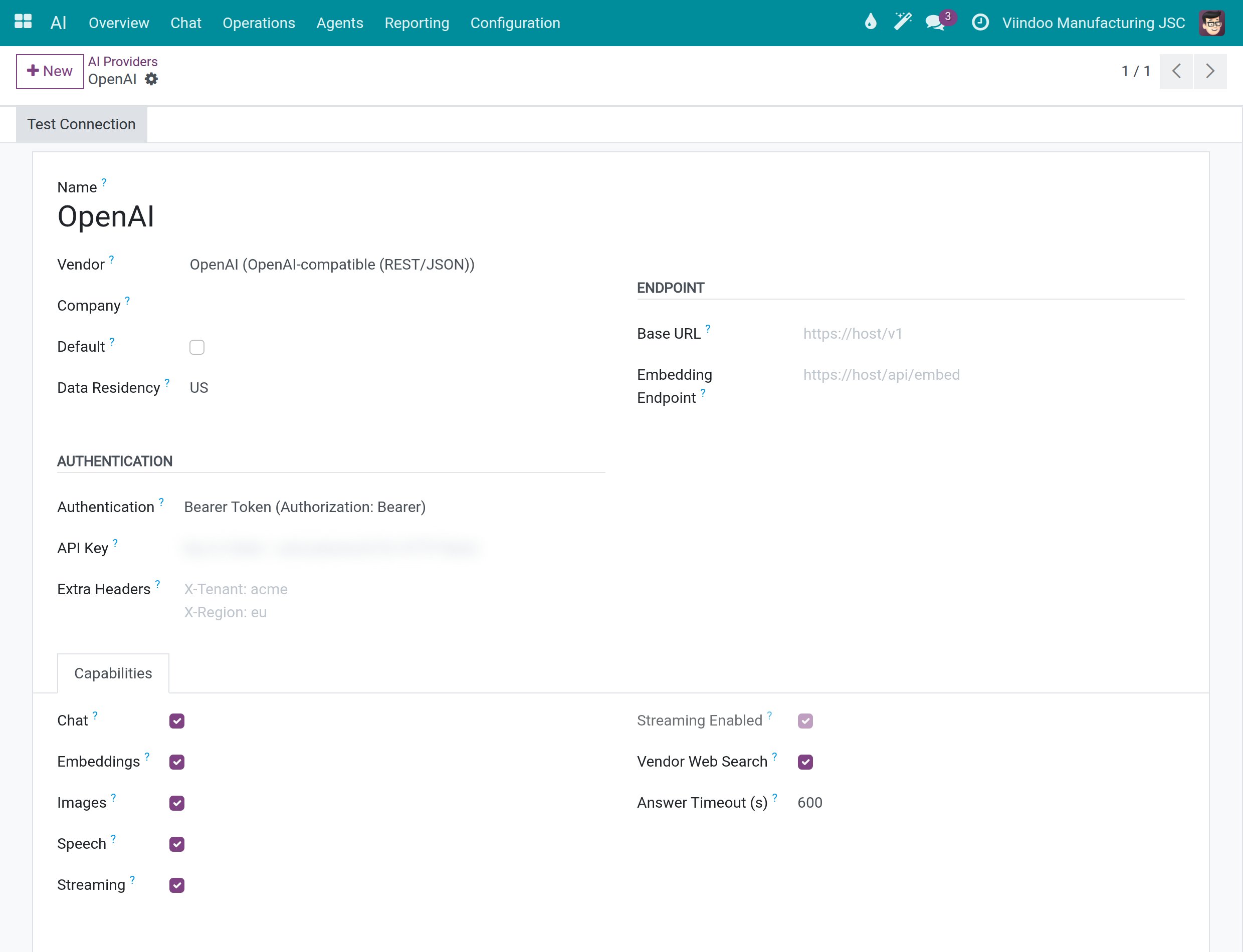 The connection form of OpenAI with the Data Residency, Authentication and API Key fields, the key blurred