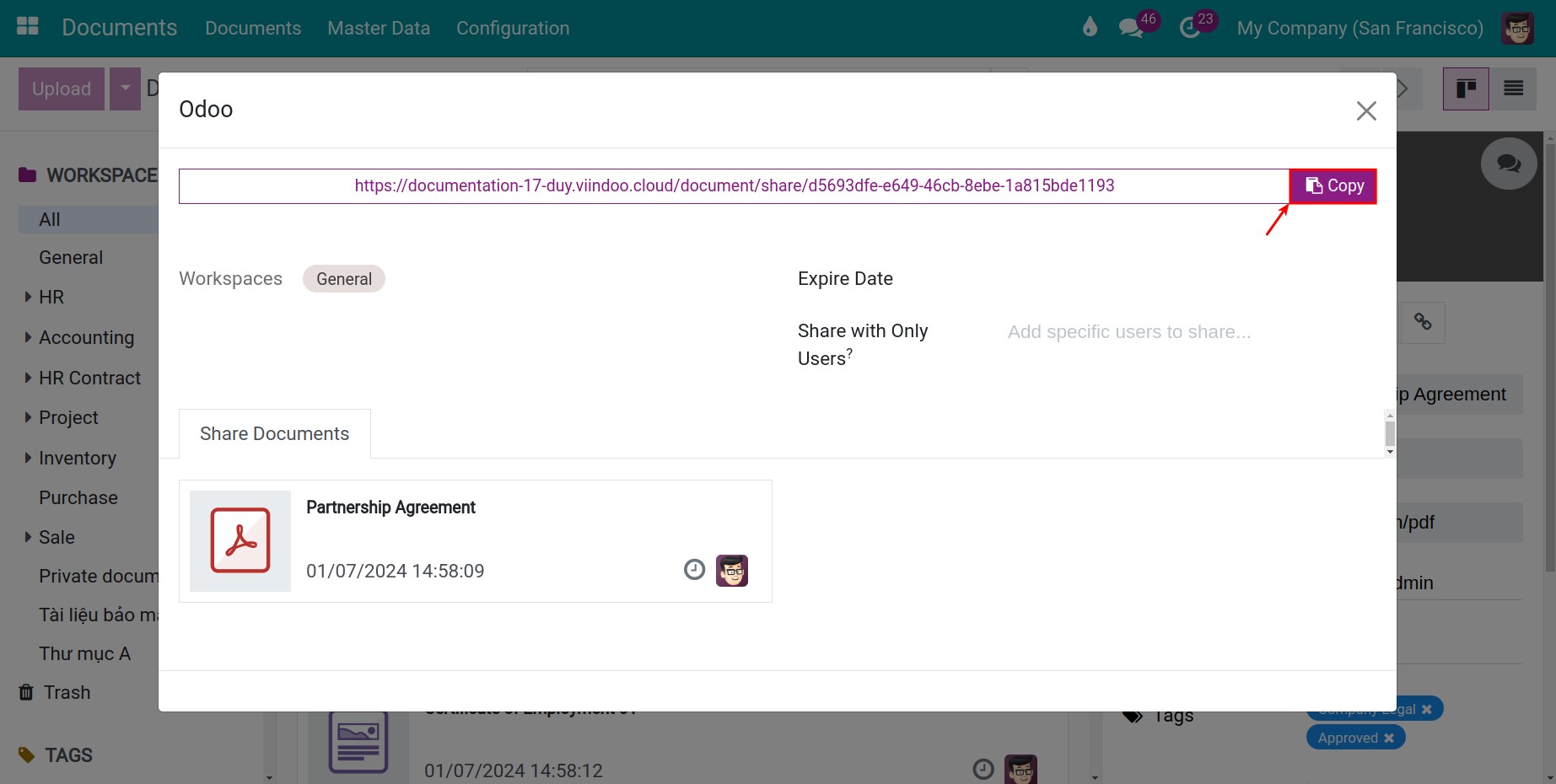 Copy link created to share documents in Viindoo