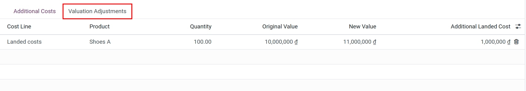 Edit the landed cost record