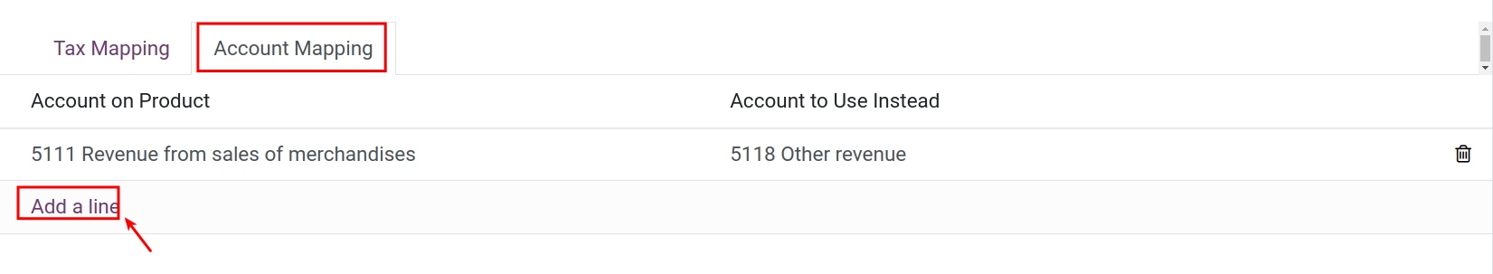 Account mapping tab