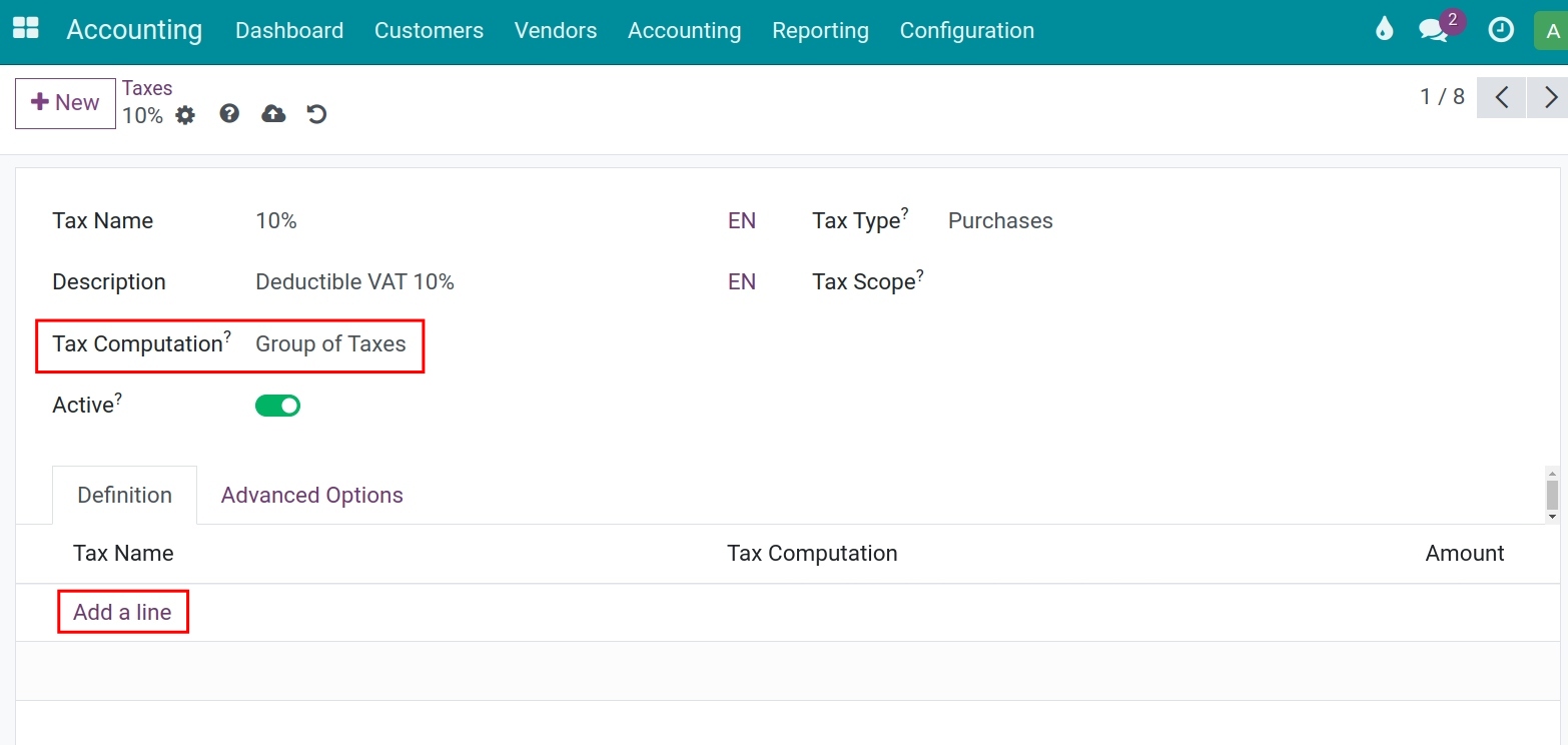 Definition tab when Group of taxes is chosen as a tax computation method in Viindoo