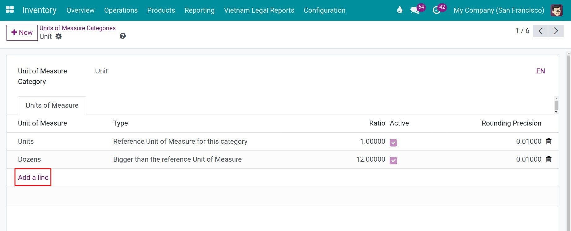 Create a new unit of measure in Viindoo Inventory software management