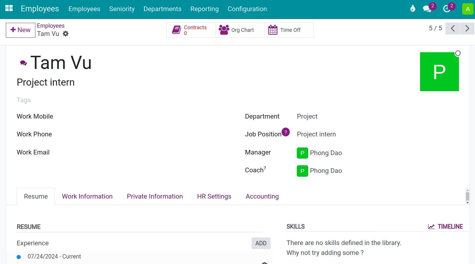 Create employee information in Viindoo HR management app