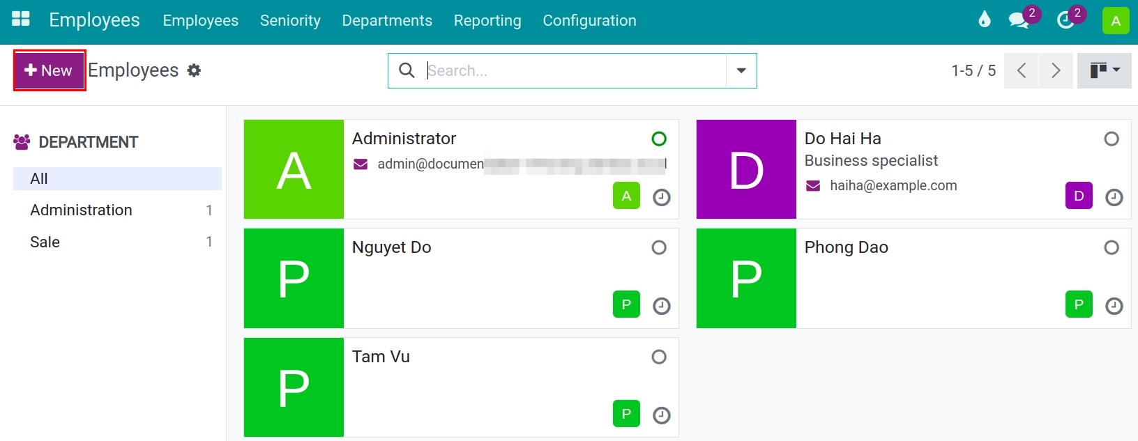 Create employee information in Viindoo HR management app