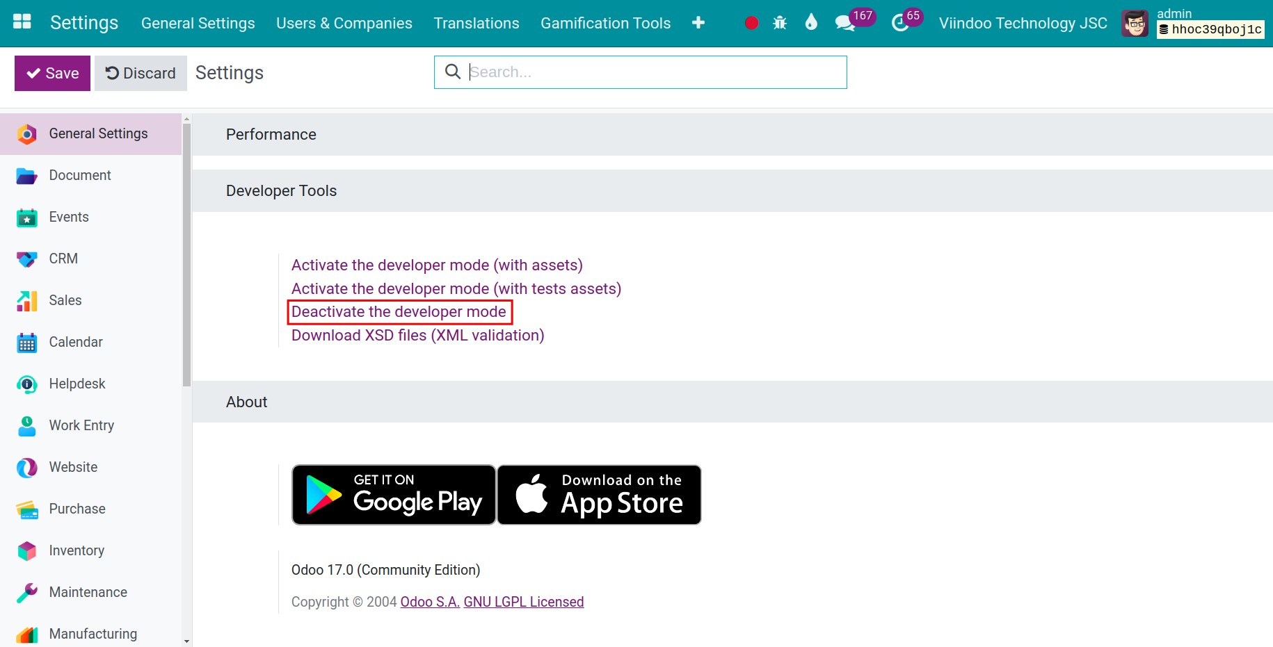 Disable Viindoo developer mode via Viindoo settings
