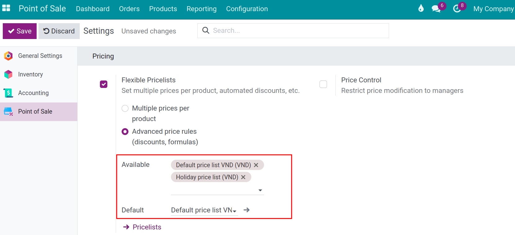 Set up available price lists and default price lists for POS in Viindoo