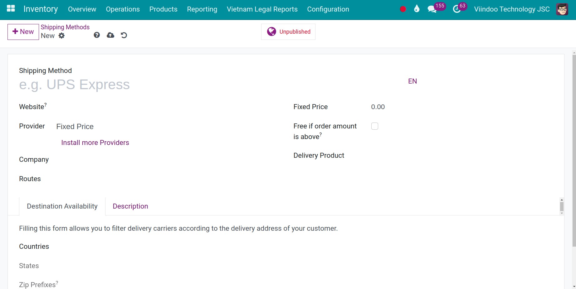 Configure shipping methods in the Viindoo Inventory management app