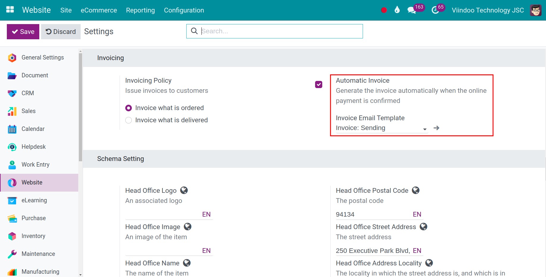 Automatic invoice settings