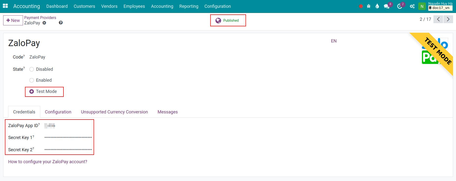 configuration of ZaloPay payment