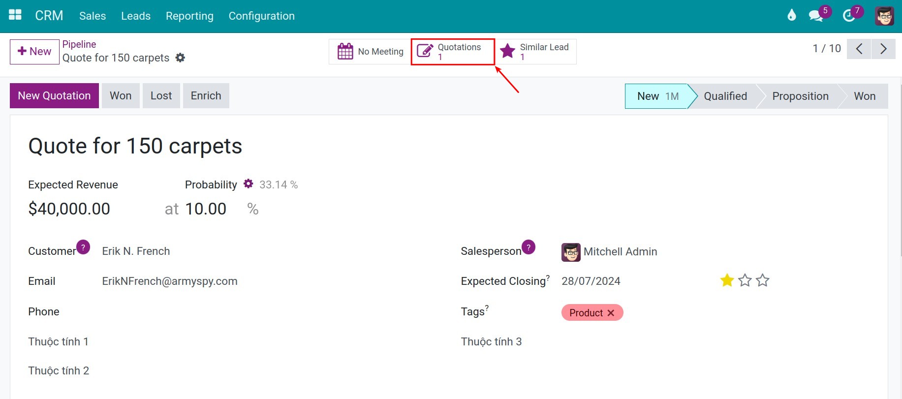 Quotations list in Viindoo CRM app