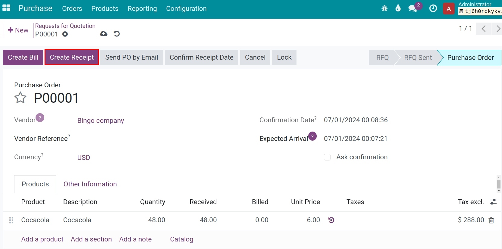 Purchase Receipt in Purchase Order in Viindoo