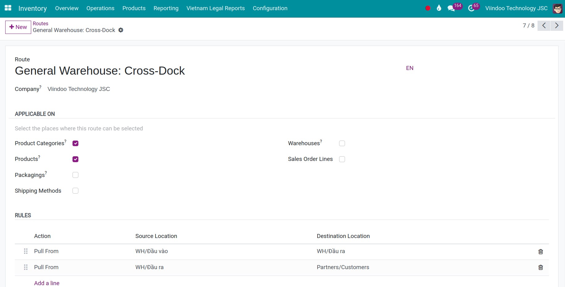 Cross dock route in Viindoo