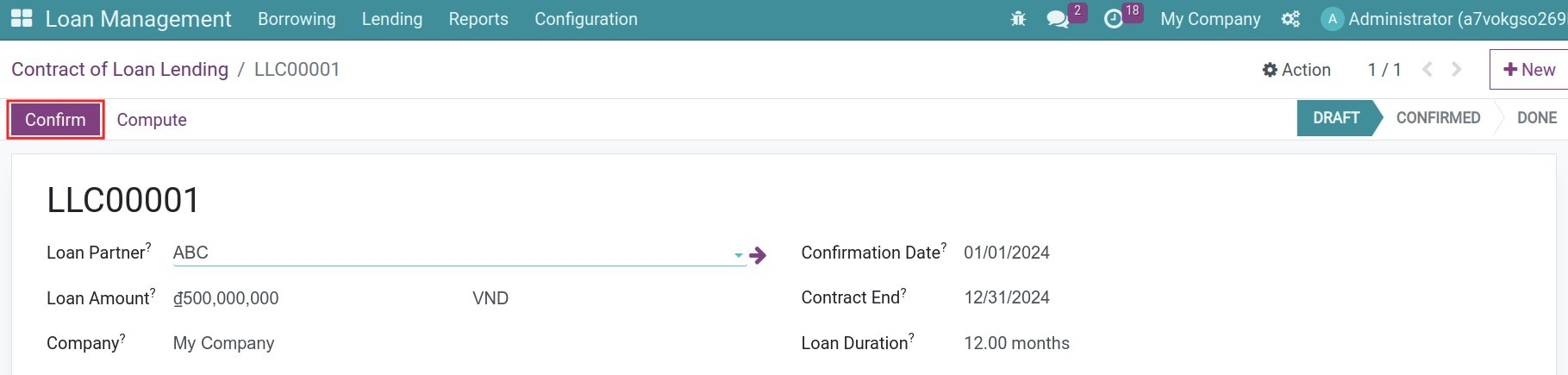 Confirme the lending contract