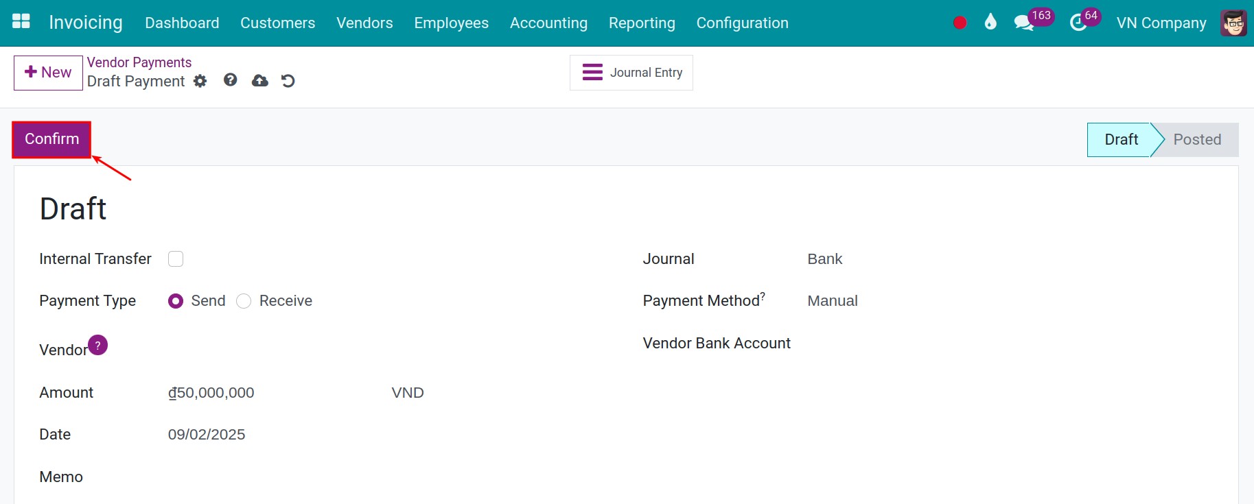 press confirm salary payment button - Viindoo Accounting