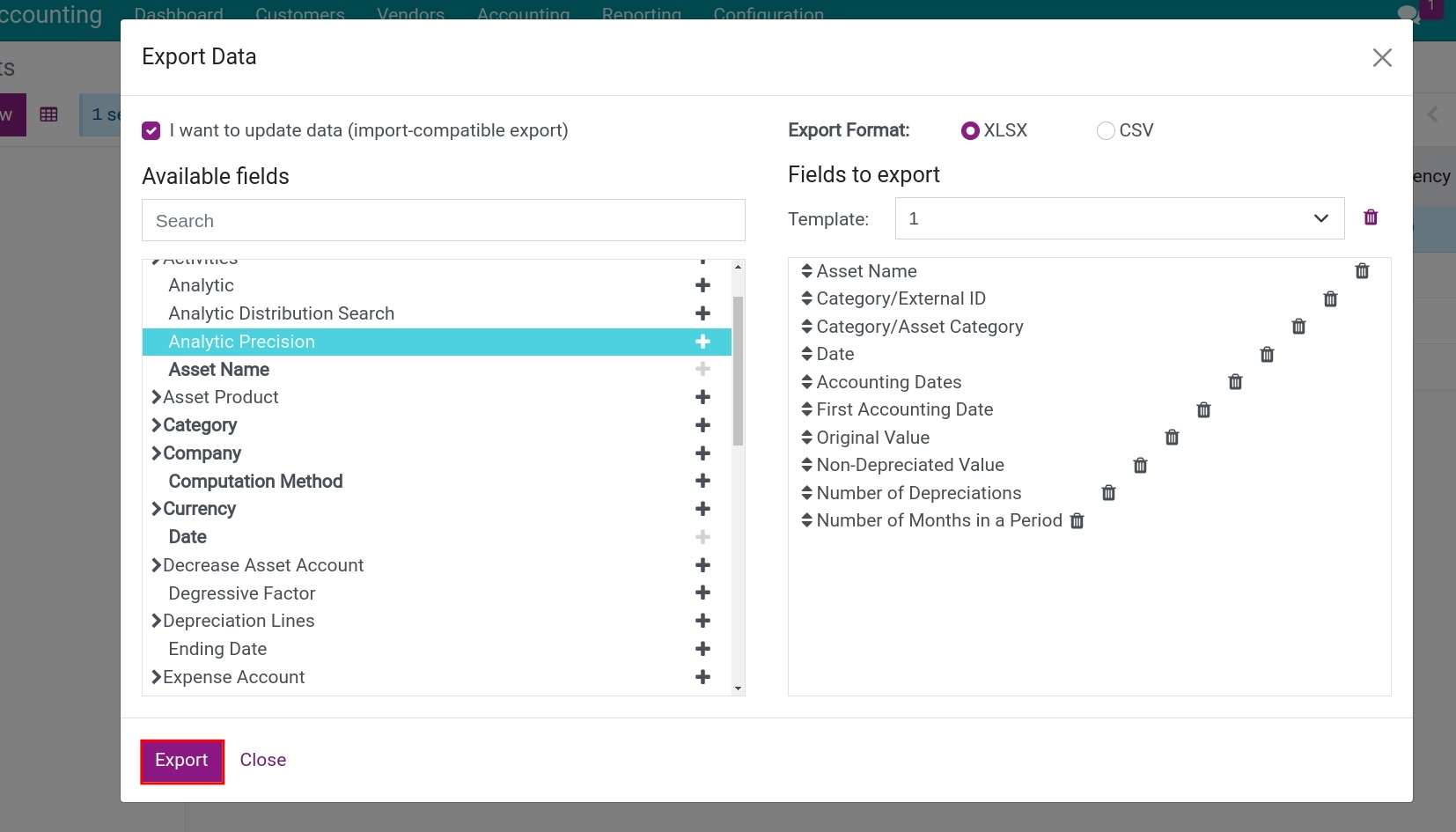 Export available fields to import