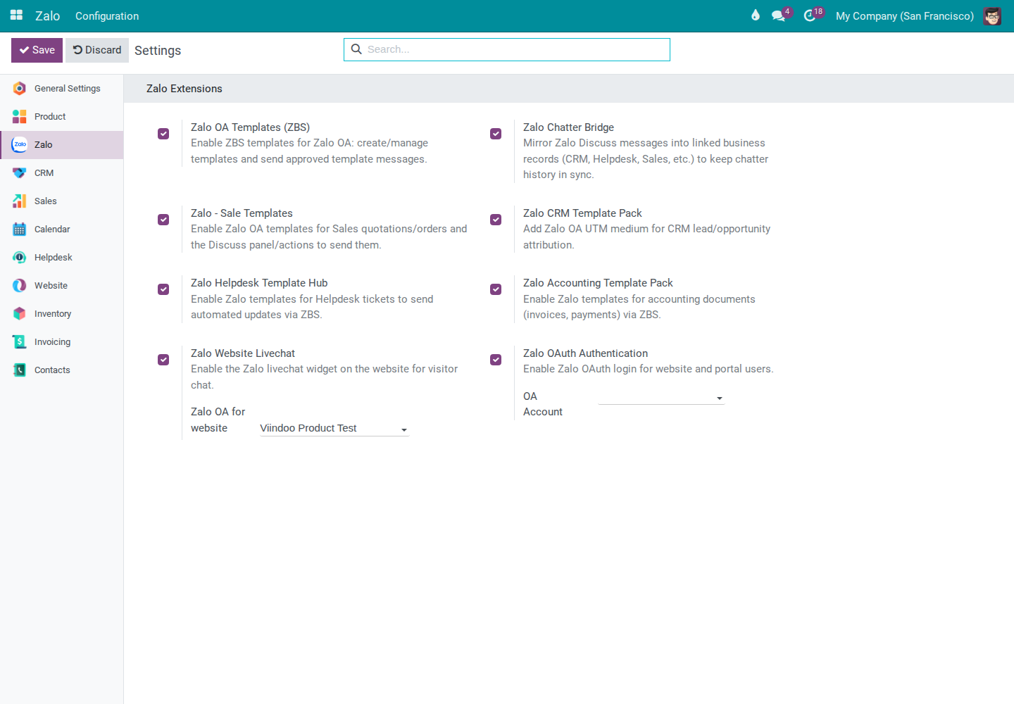 Zalo settings with Zalo OA for website field