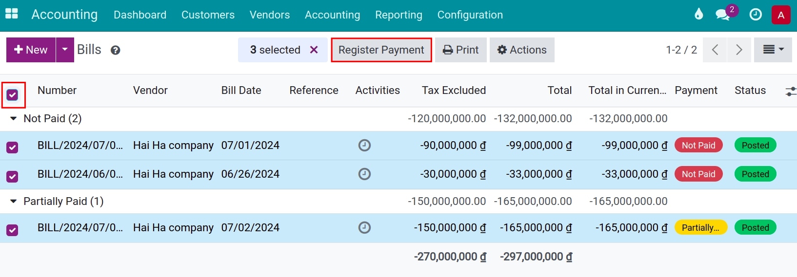 Choose all vendor bills in the Viindoo Accounting app