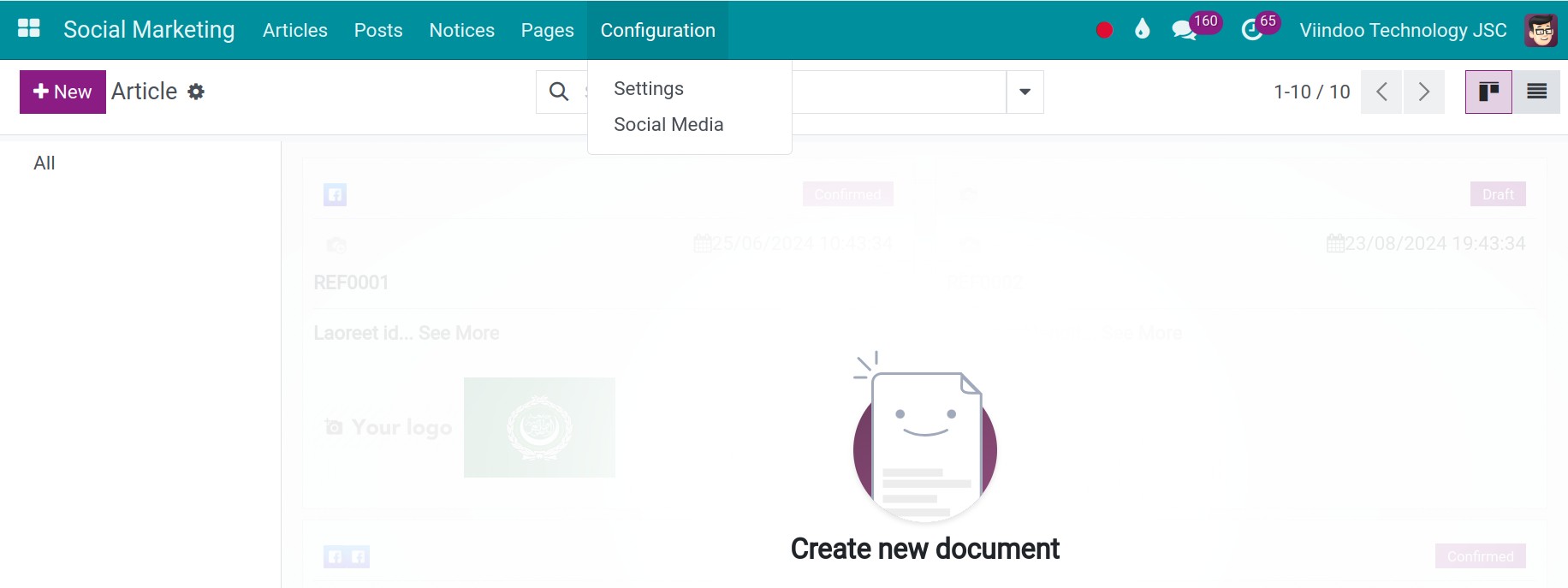 Menu in the Social Marketing app