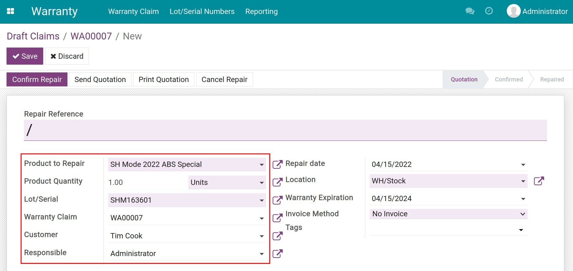 Repair order details in Viindoo