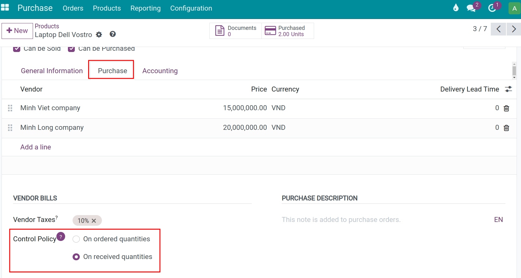Different choices in creating Vendor bills on Viindoo product