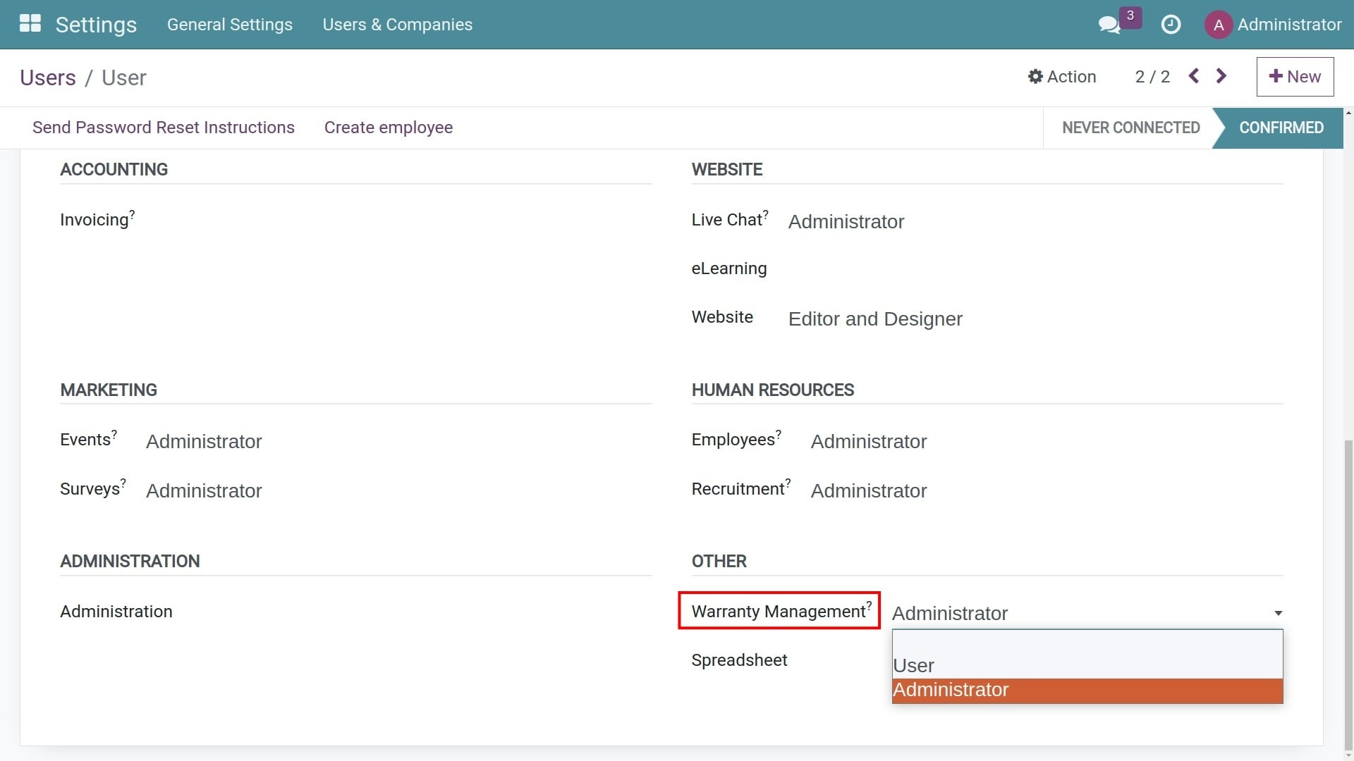 The access rights of the Viindoo Warranty for the user