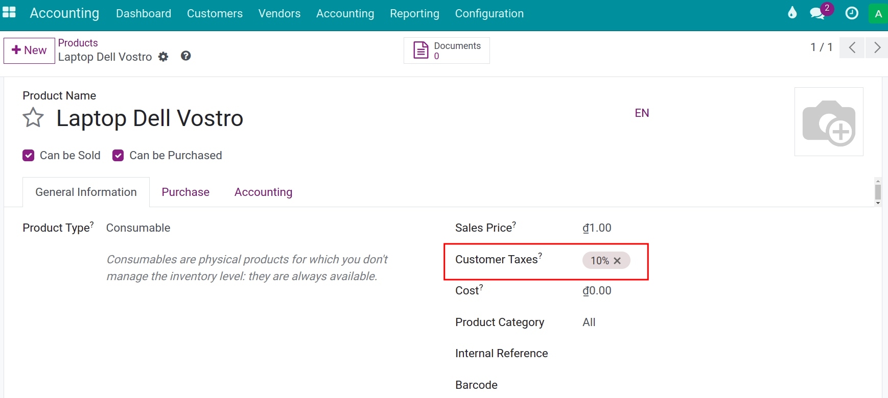 Default sales taxes in the Viindoo accounting app