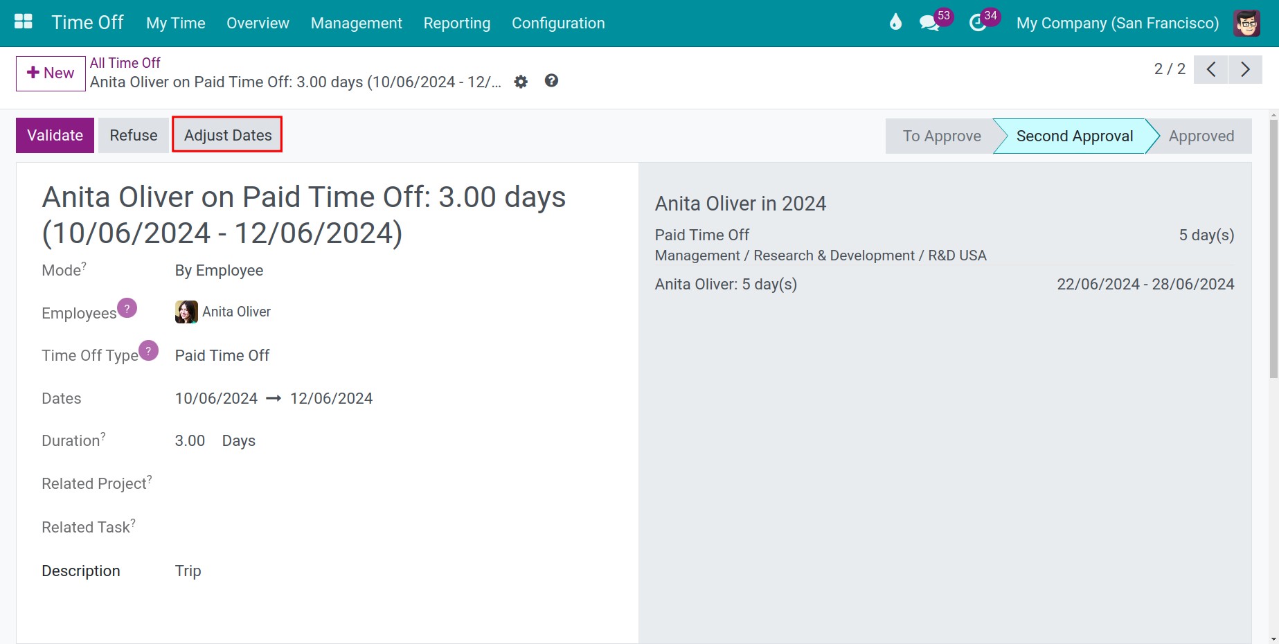 Adjustment date on a time off in Viindoo Time off management app