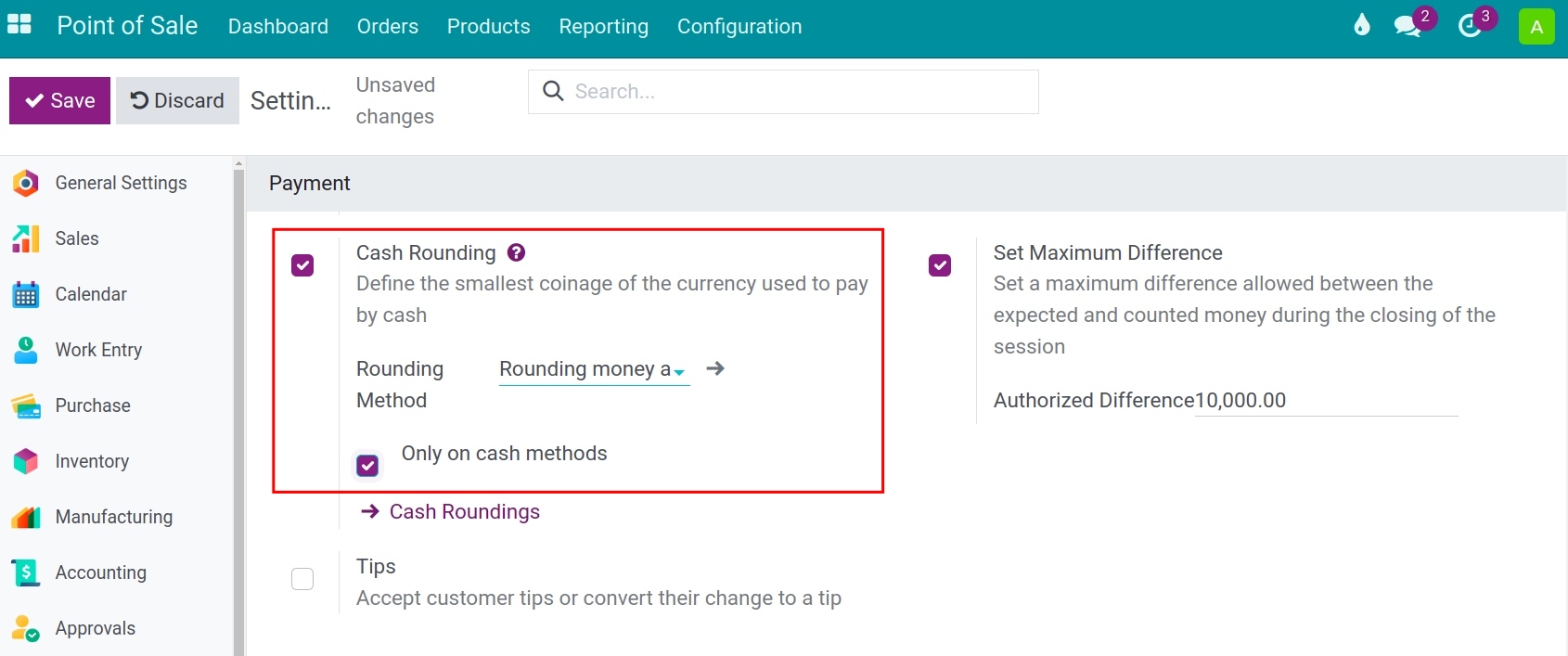 Cash rounding applied to the PoS