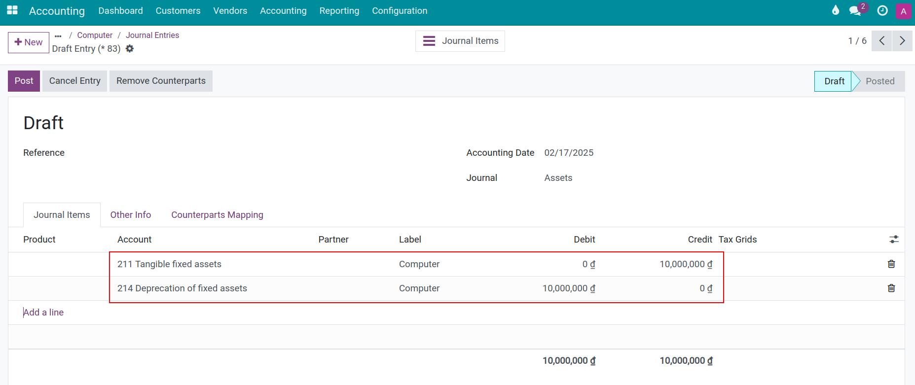 Asset disposal entries view in Viindoo Accounting app