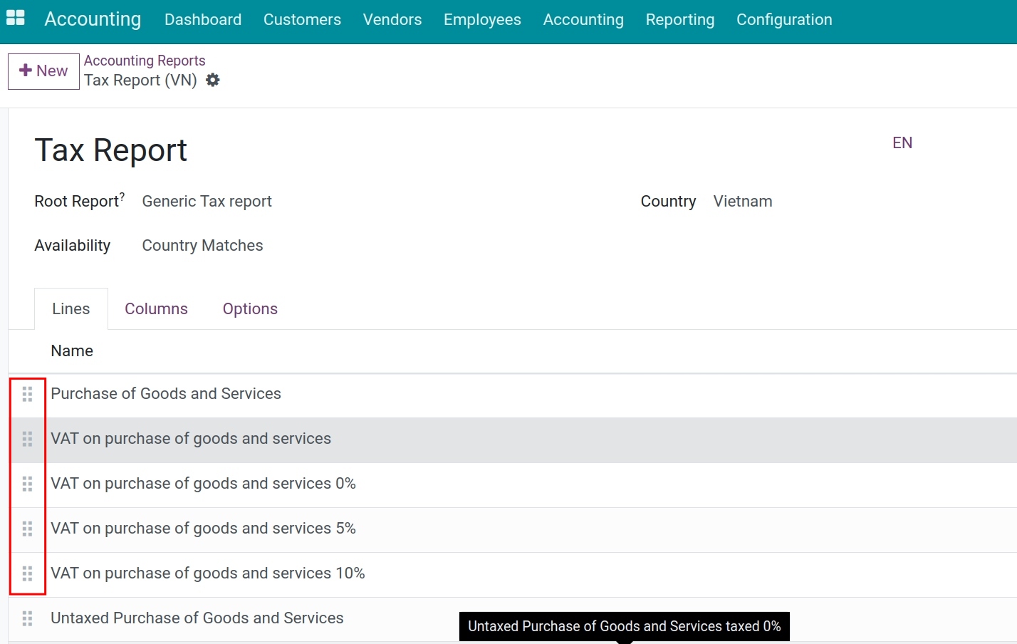 Create a value line of goods on the tax grids