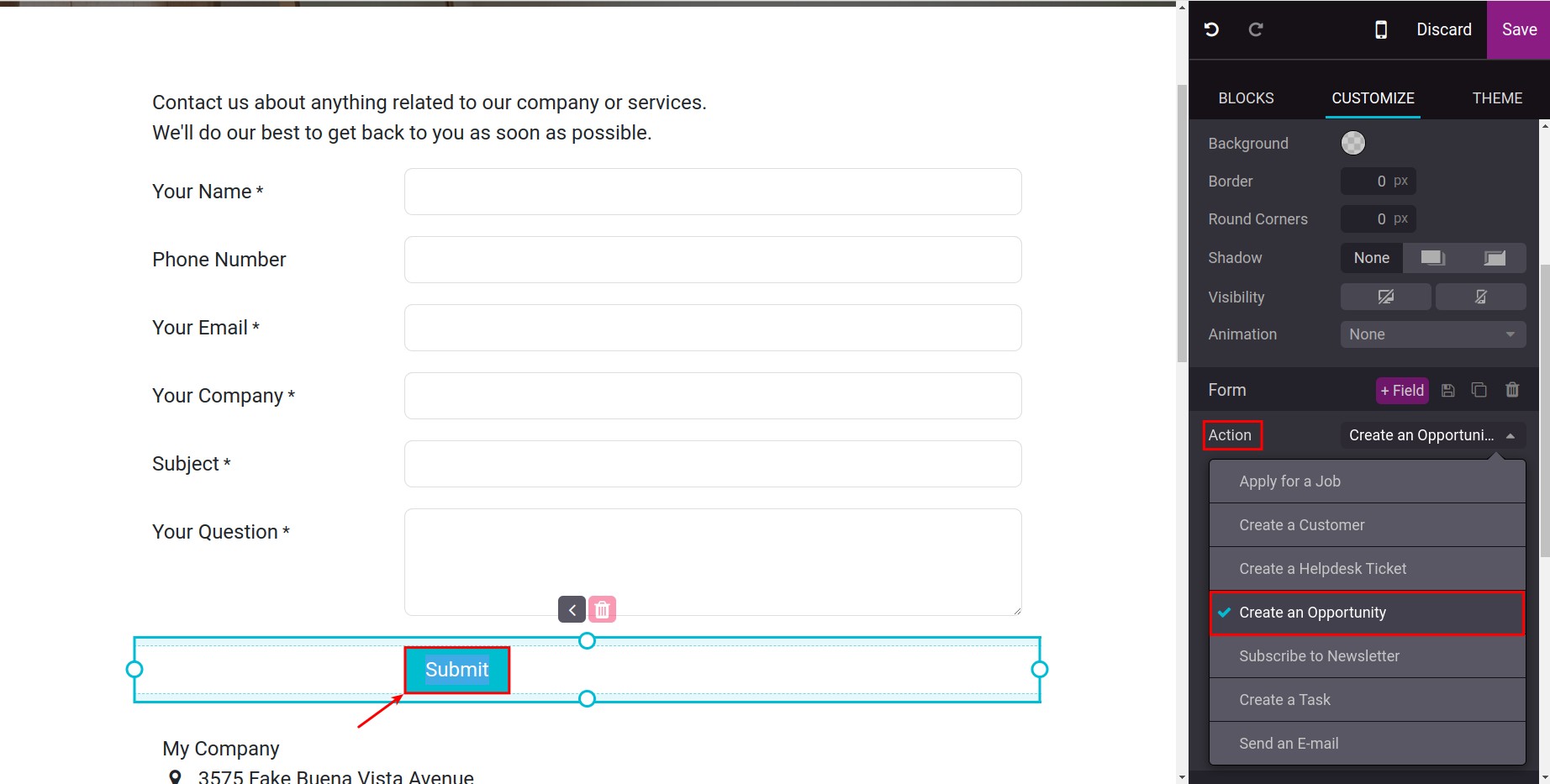 Configuration to create an opportunity in contact form