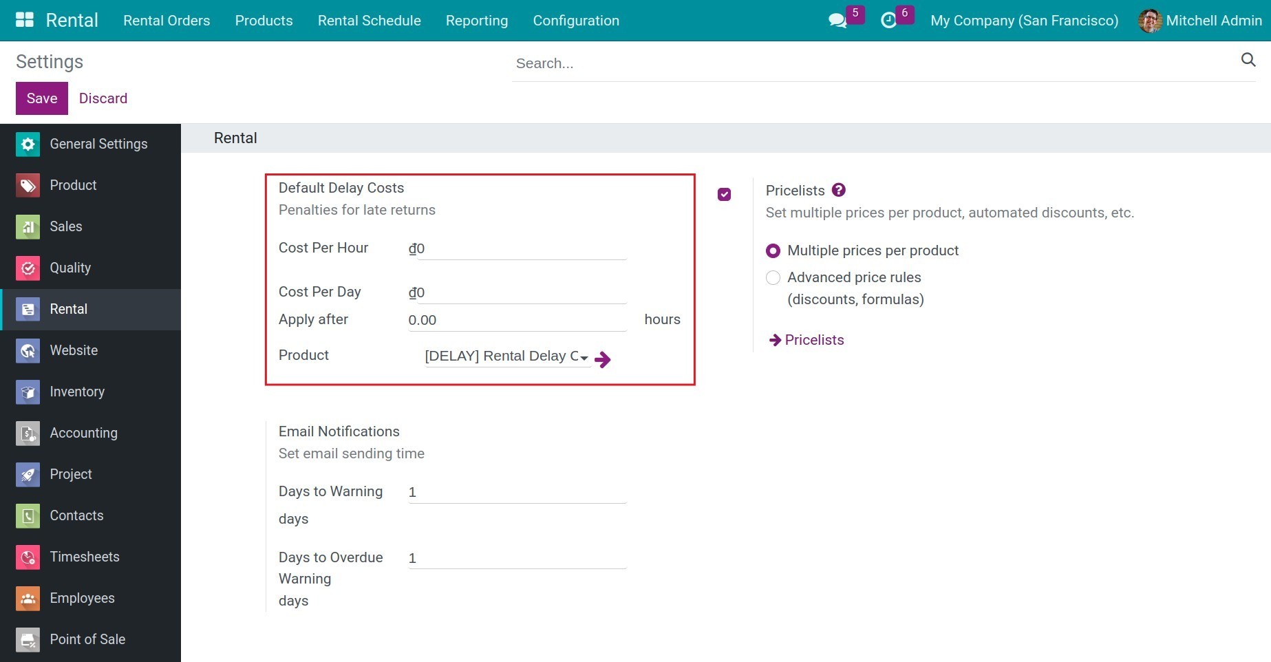 Set Default Delay Costs for Rental products