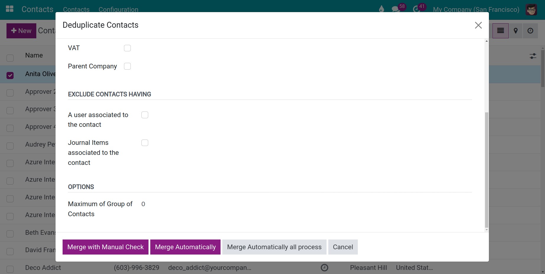 detailed the interface of check duplicate contacts