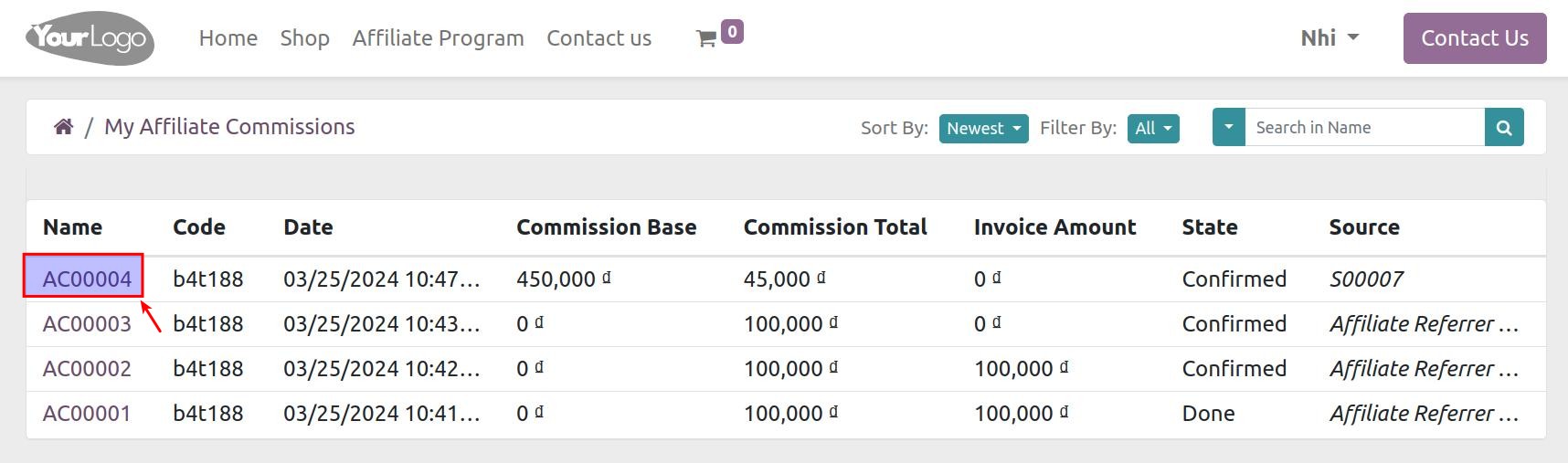 Select the sale order you want to view commission