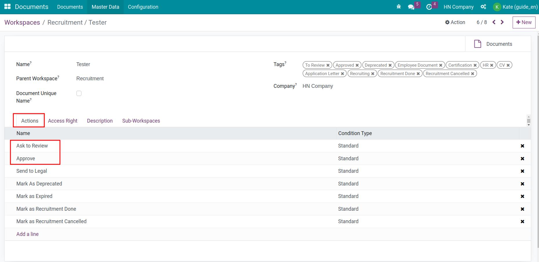 Select actions on a file