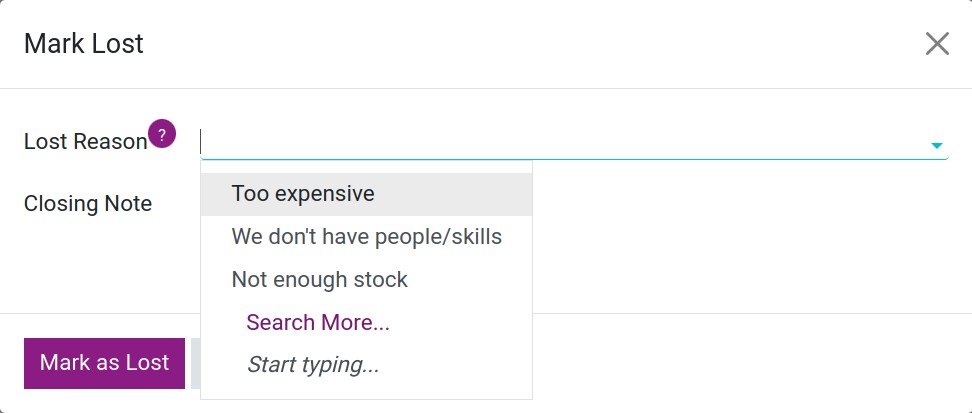 Select a lost reason in Viindoo CRM software