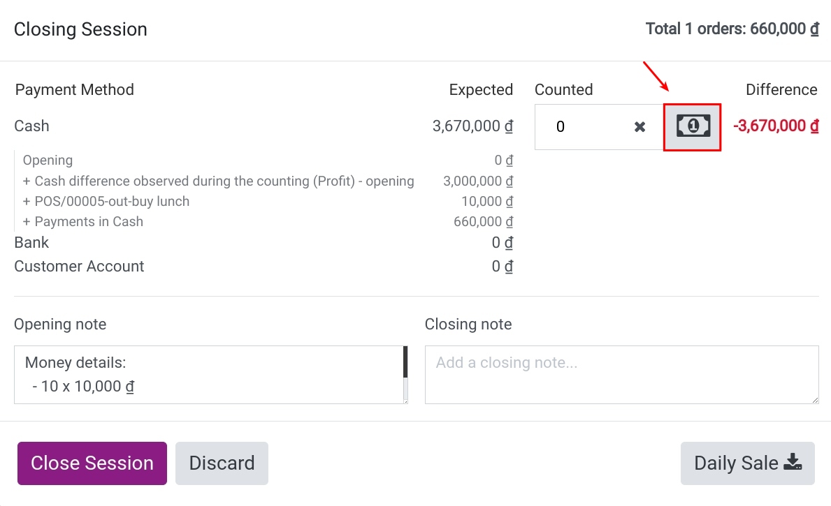 Set Closing cash