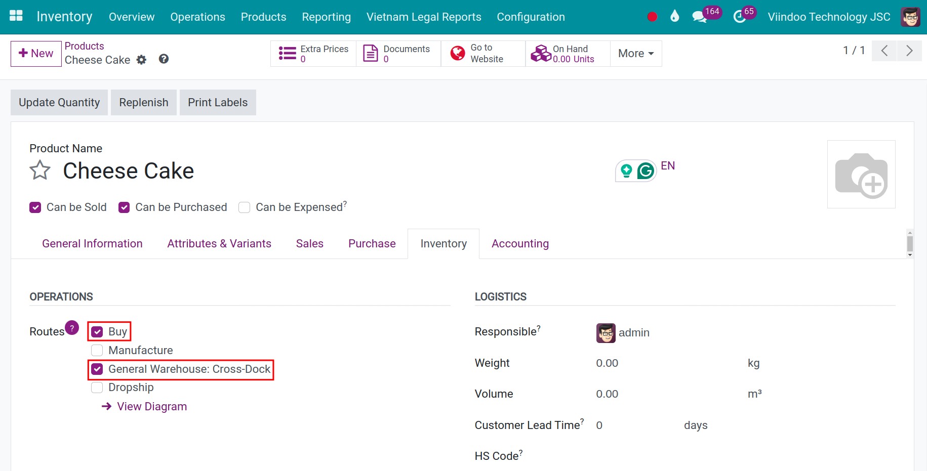 select cross dock route on product in Viindoo