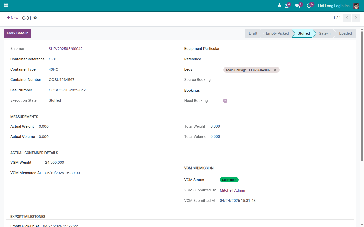 Container COSU1234567 after Submit VGM with VGM Status changed to Submitted.