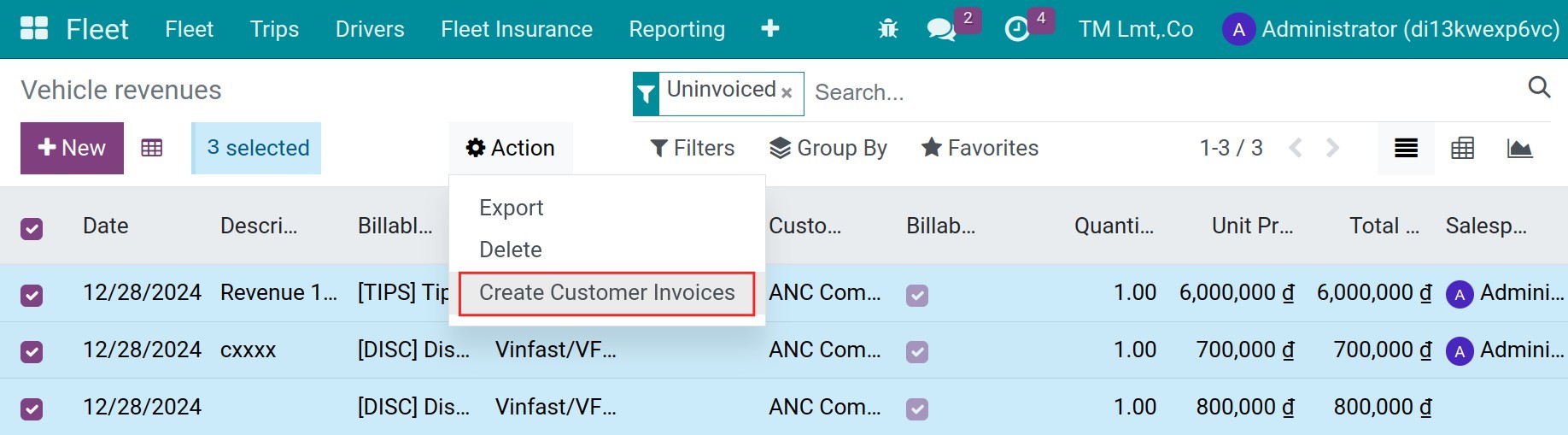 Create a new customer invoices