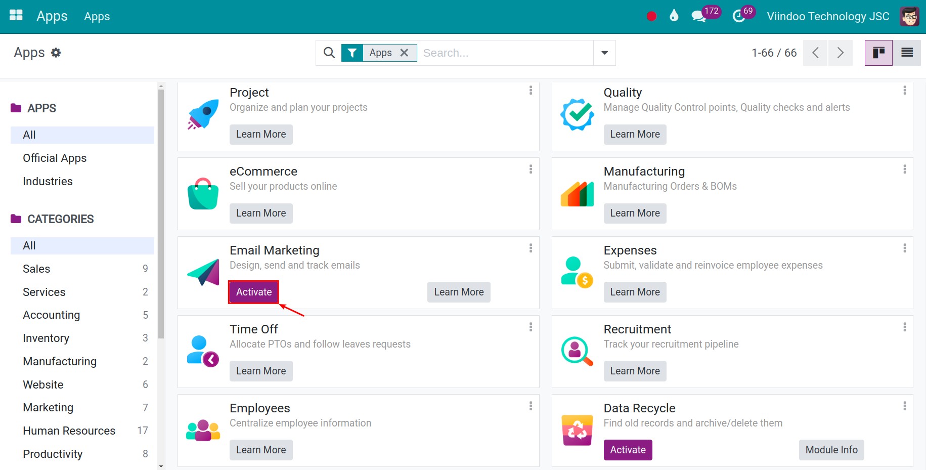 Kanban view of Apps in Viindoo