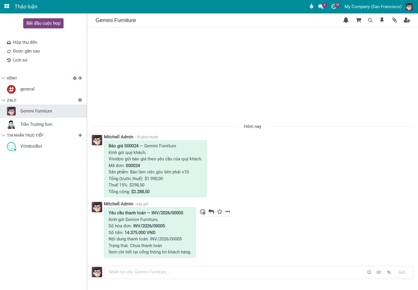Zalo conversation in Discuss showing the Payment Request message just sent from the invoice