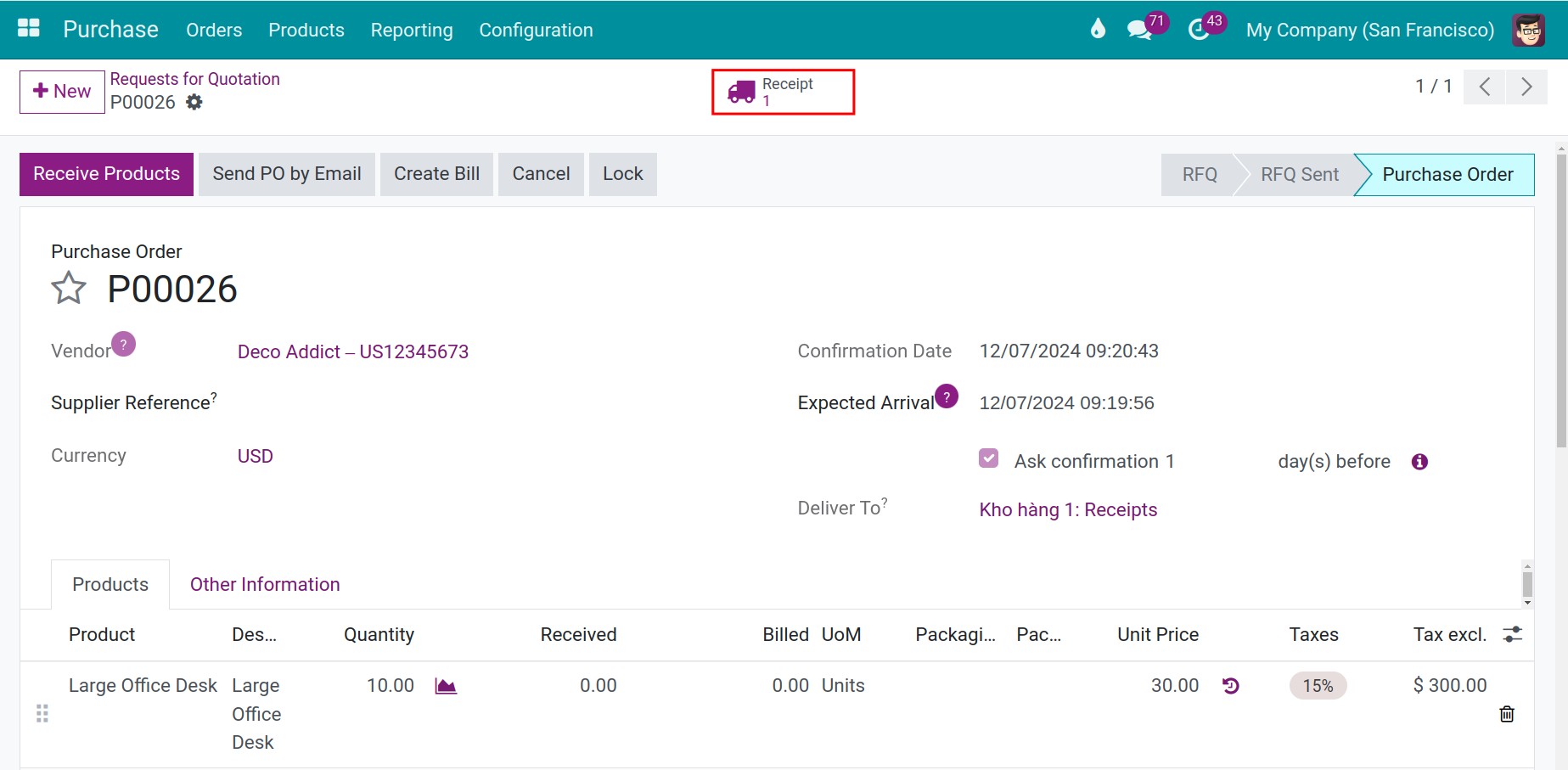 Creating a PO with configured inventory valuation in Viindoo