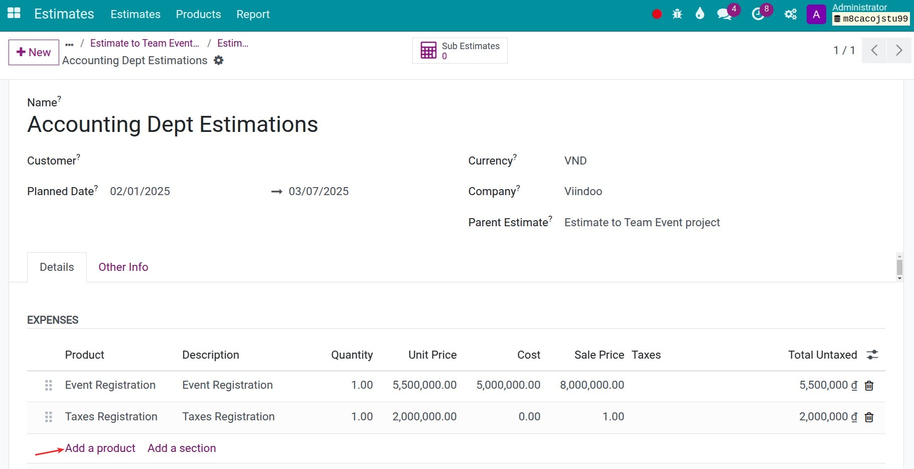 Performing estimates in Viindoo